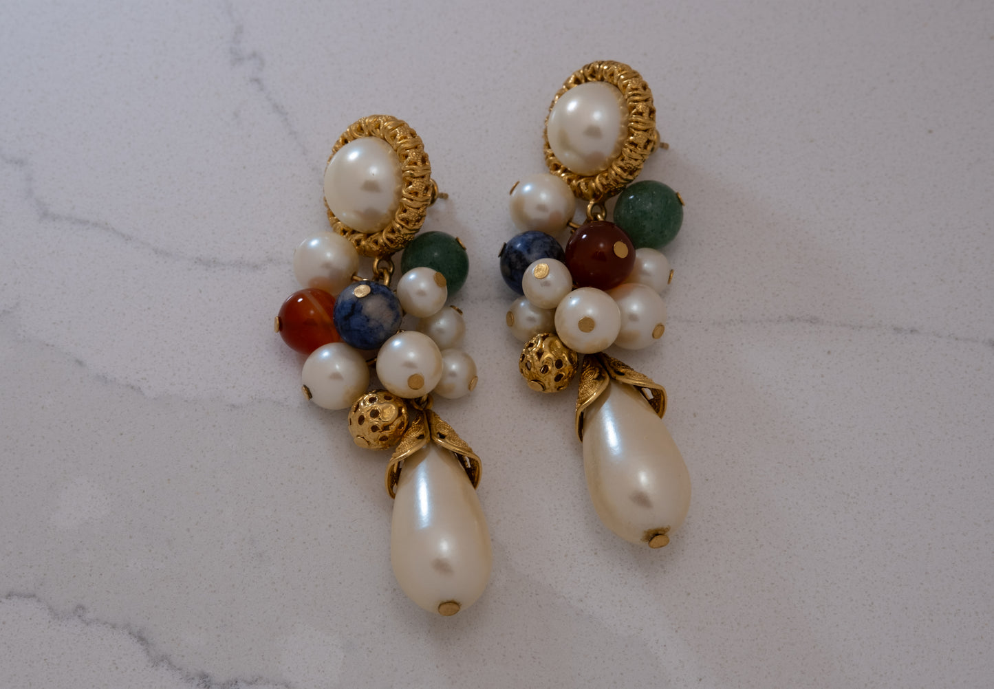 Hand Beaded Vintage Pearl Cluster Drop Earrings