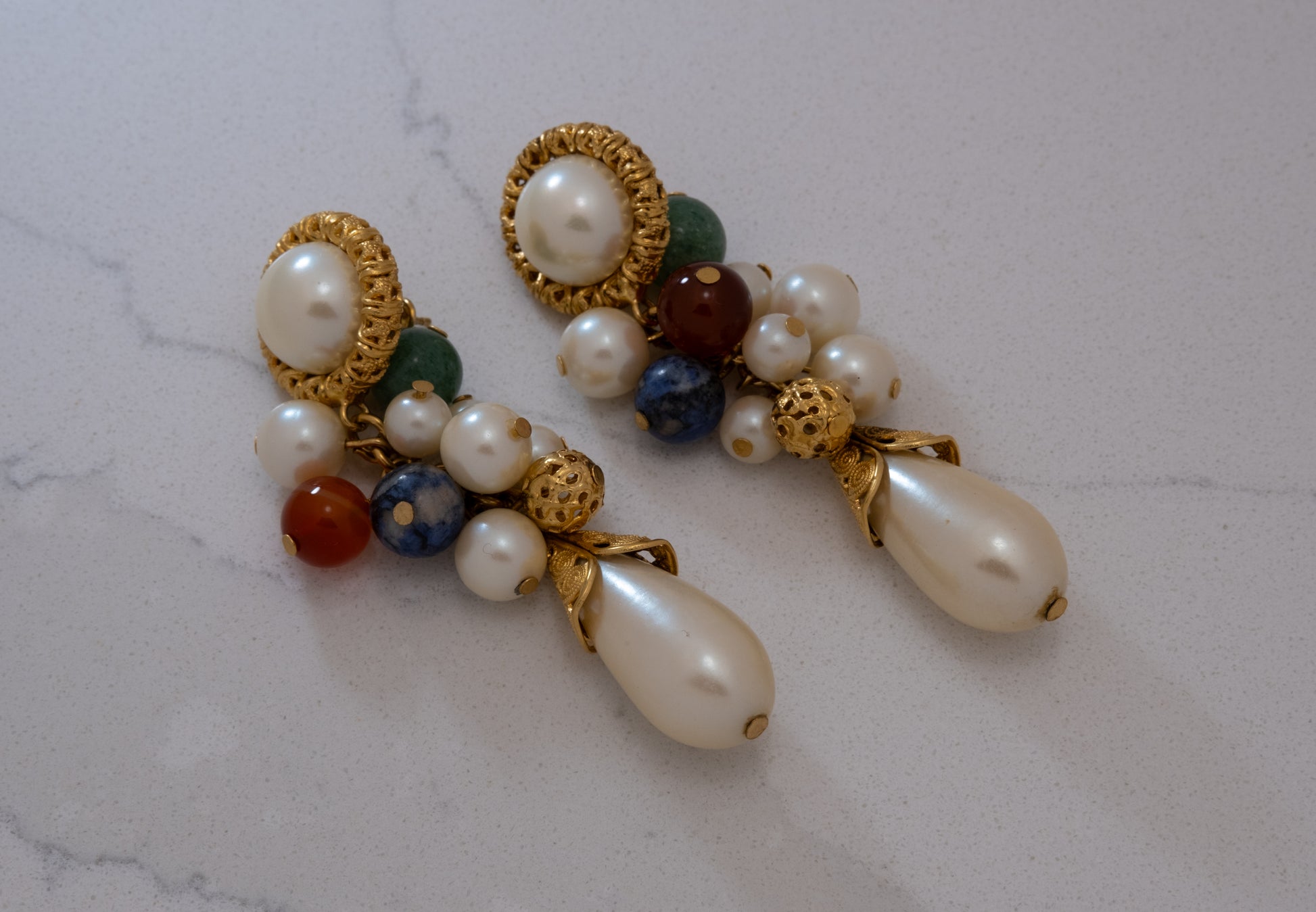 Hand Beaded Vintage Pearl Cluster Drop Earrings