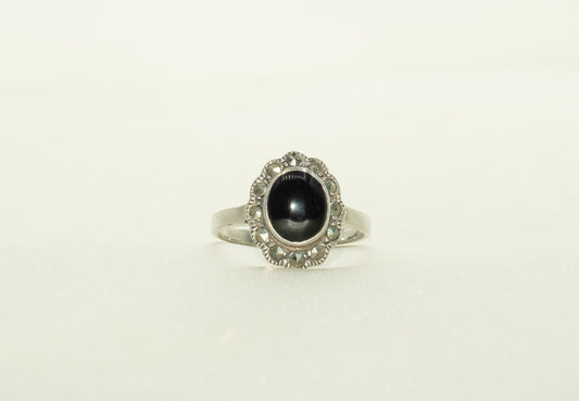 Antique Onyx Marcasite Flower Ring