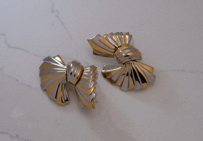 Vintage Two Tone Bow Earrings Detail Gold