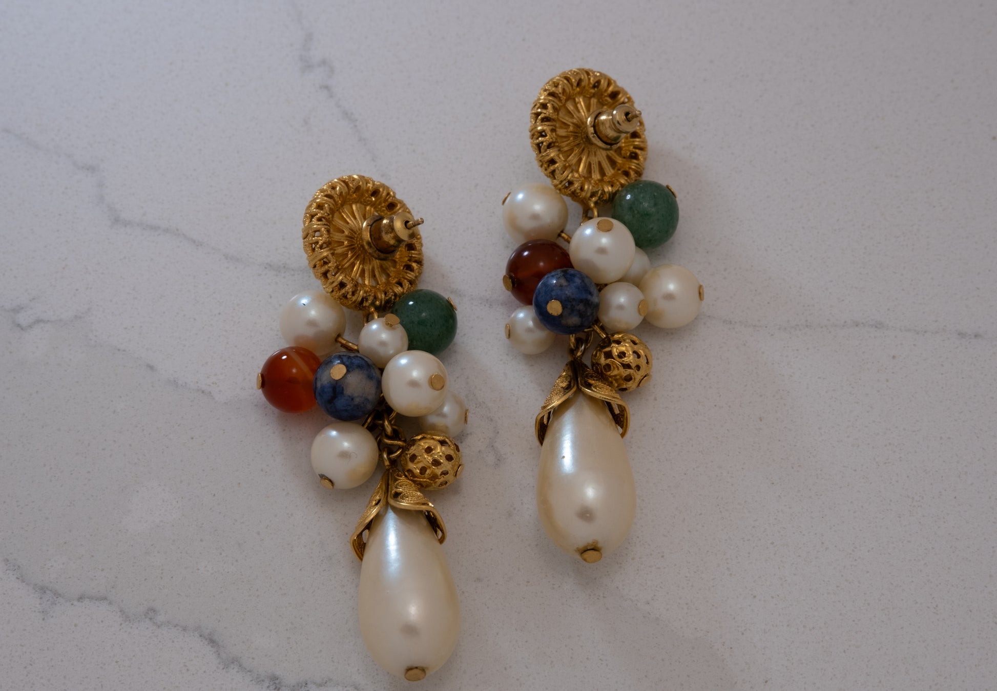 Hand Beaded Vintage Pearl Cluster Drop Earrings Backs