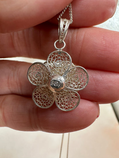 Italian Silver Filigree Flower and Chain