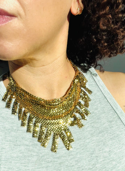 Whiting & Davis Gold Chainmail Fringed Necklace